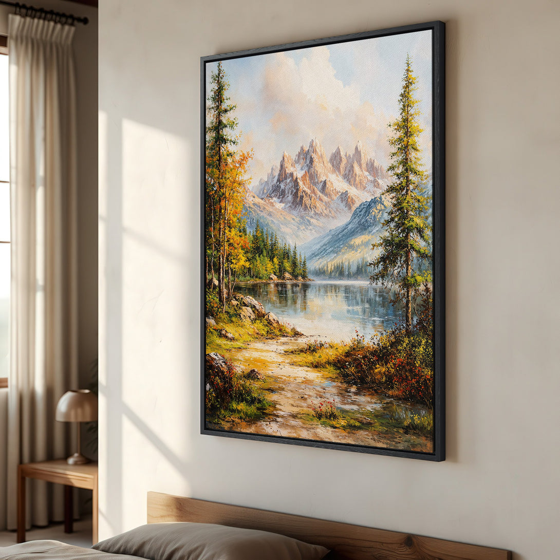 Framed Wall Art: Mountain lake landscape painting in warm, autumnal tones. Perfect canvas print for a cozy interior.