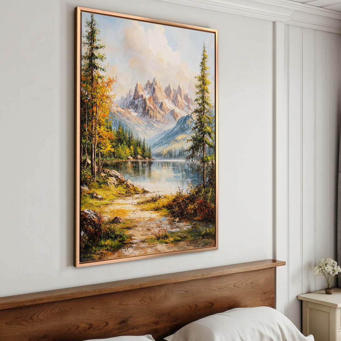 Framed Wall Art featuring a serene mountain lake landscape in a classic, painterly style. Earthy tones and cool blues create a calming atmosphere.