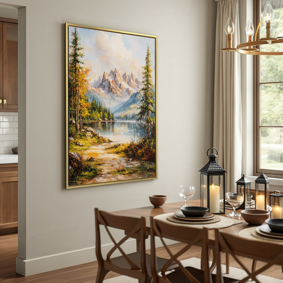 Canvas Print of a serene mountain lake landscape painting. Warm, earthy tones and a rustic style create a cozy, inviting atmosphere.