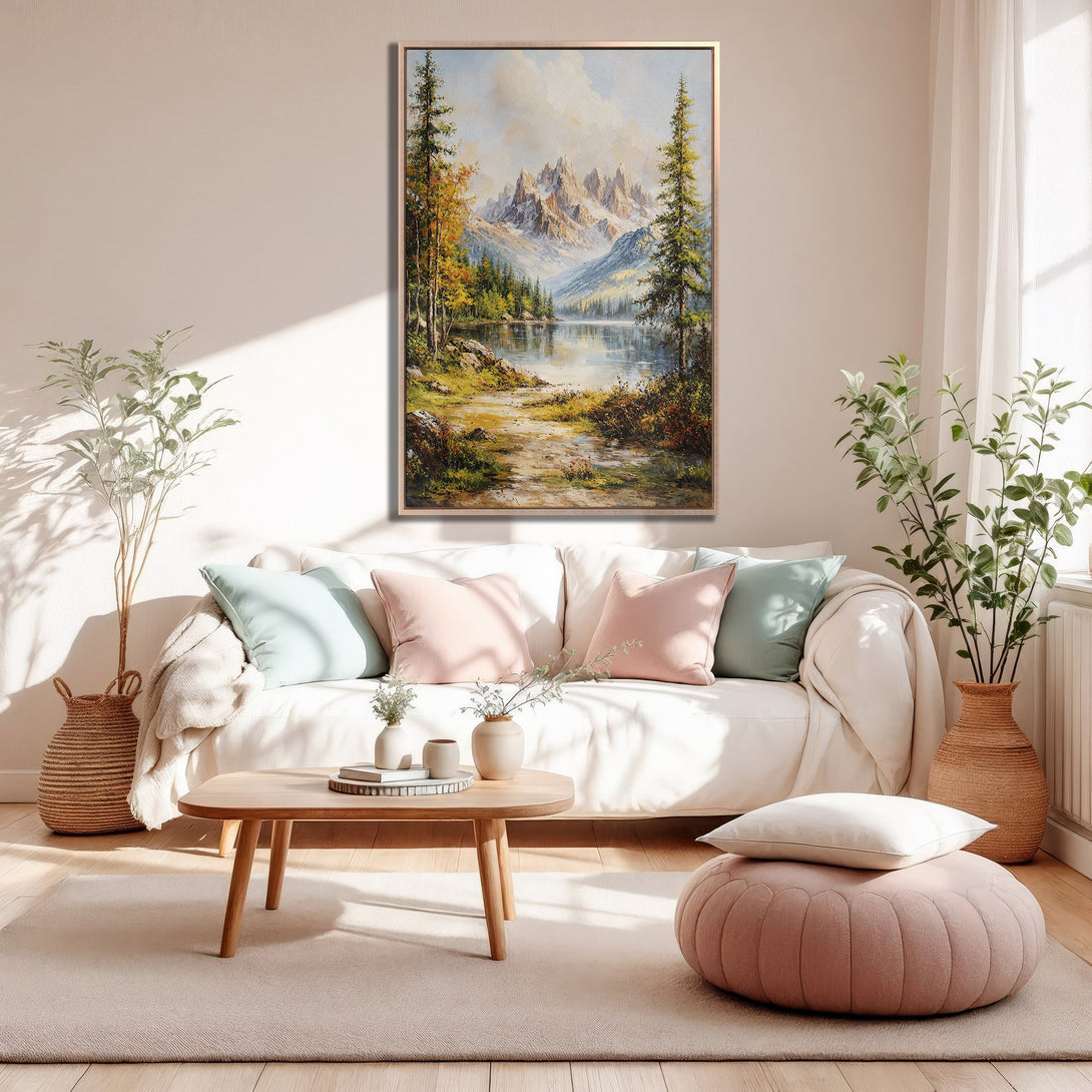 Framed Wall Art: Mountain landscape Canvas Print in warm tones. Rustic style with a serene lake scene, perfect for living room decor.