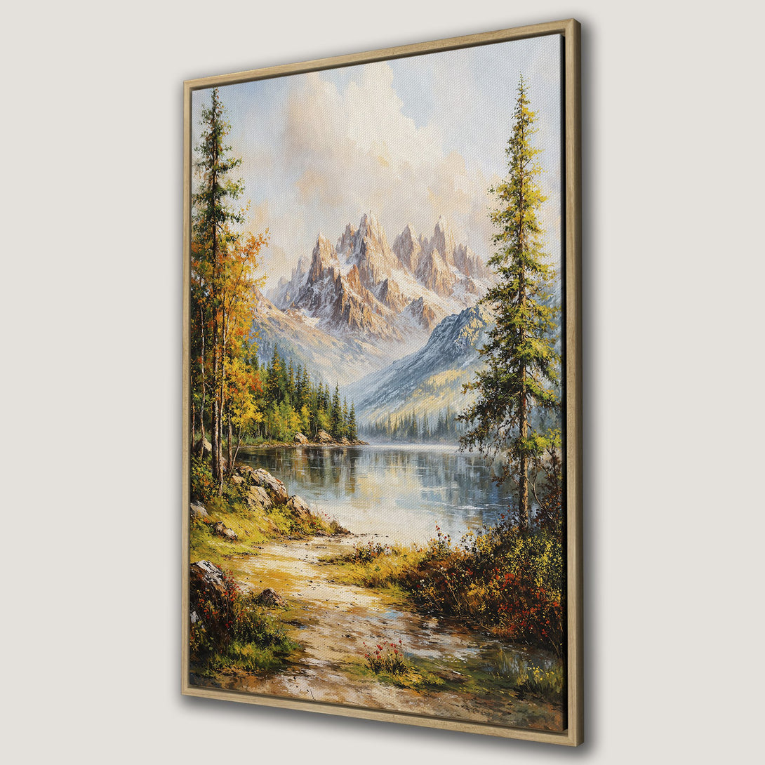 Framed Wall Art Canvas Print of a serene mountain lake landscape. Featuring a warm, autumnal color palette, this artwork brings nature's beauty to your home.