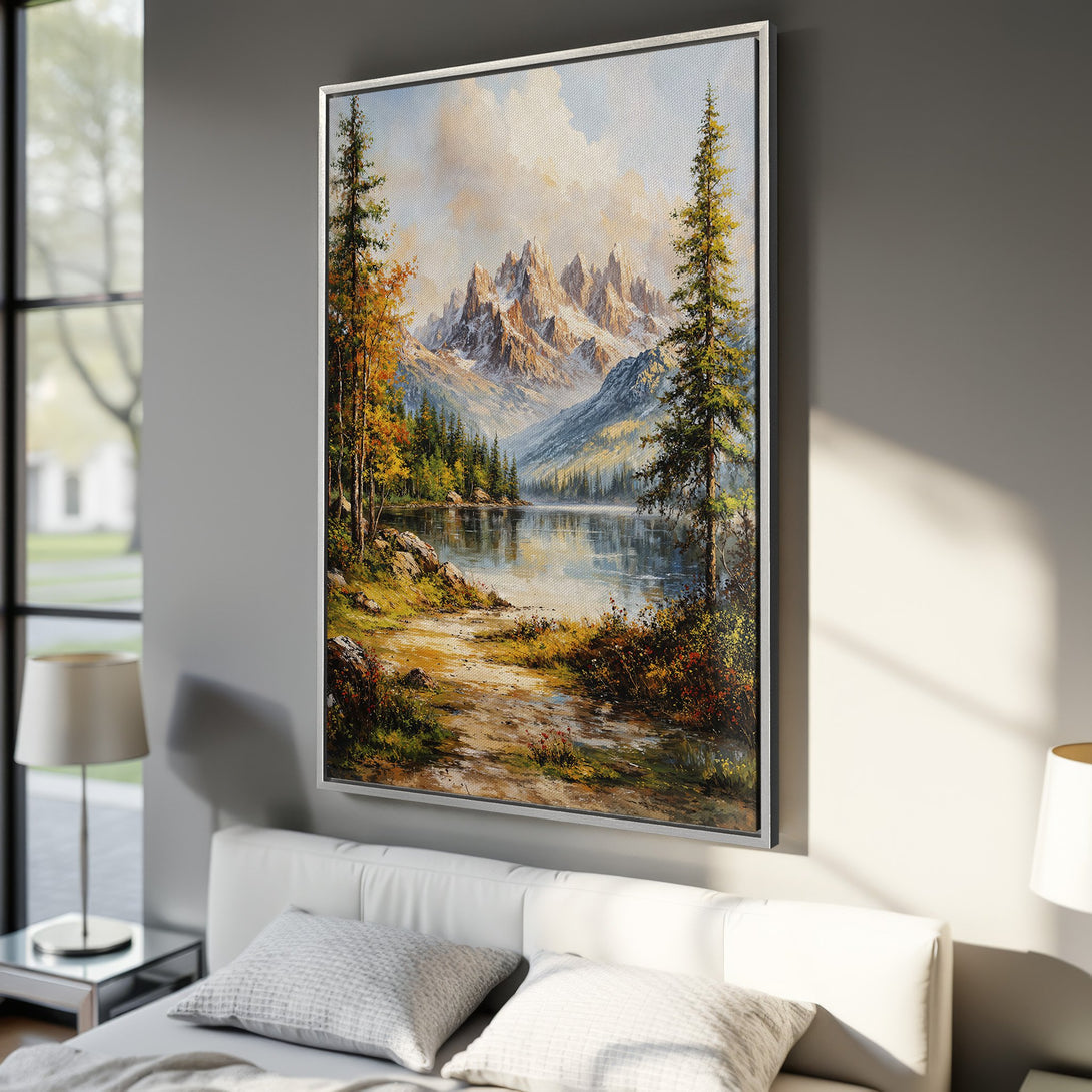 Framed Wall Art featuring a serene mountain lake landscape in warm autumn tones. Perfect for adding a touch of nature and elegance to your home decor.