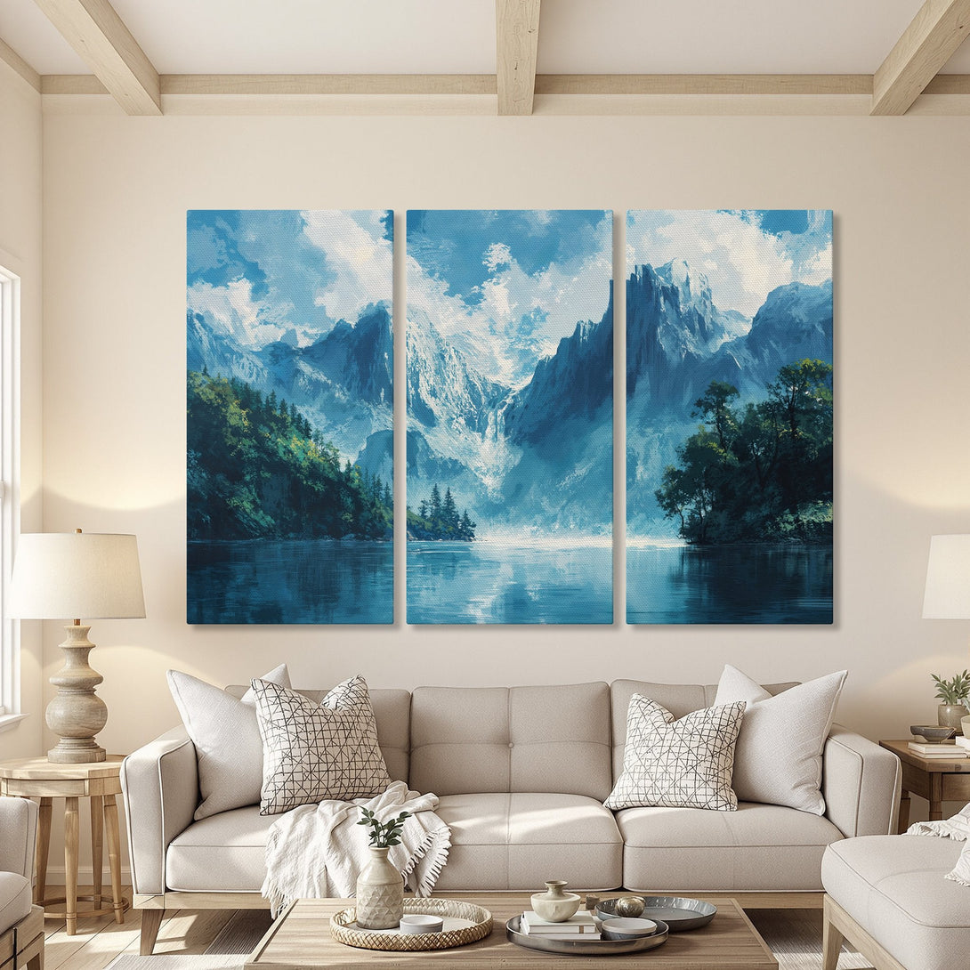 Canvas Print of a serene mountain landscape in cool blue tones, perfect for adding a touch of nature-inspired art to your living room.