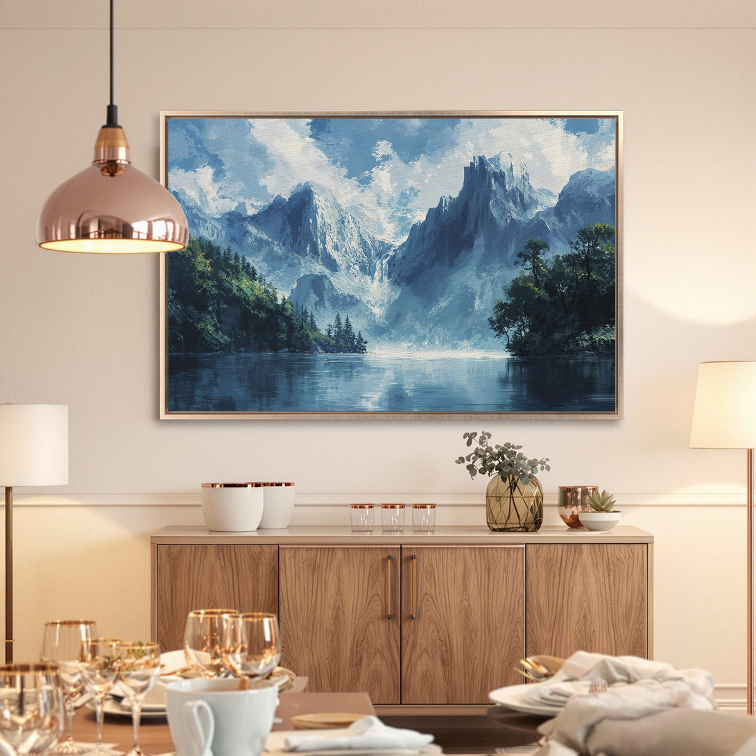 Framed Wall Art: Majestic mountain landscape Canvas Print, showcasing a cool blue and green palette, perfect for adding serenity to your home decor.