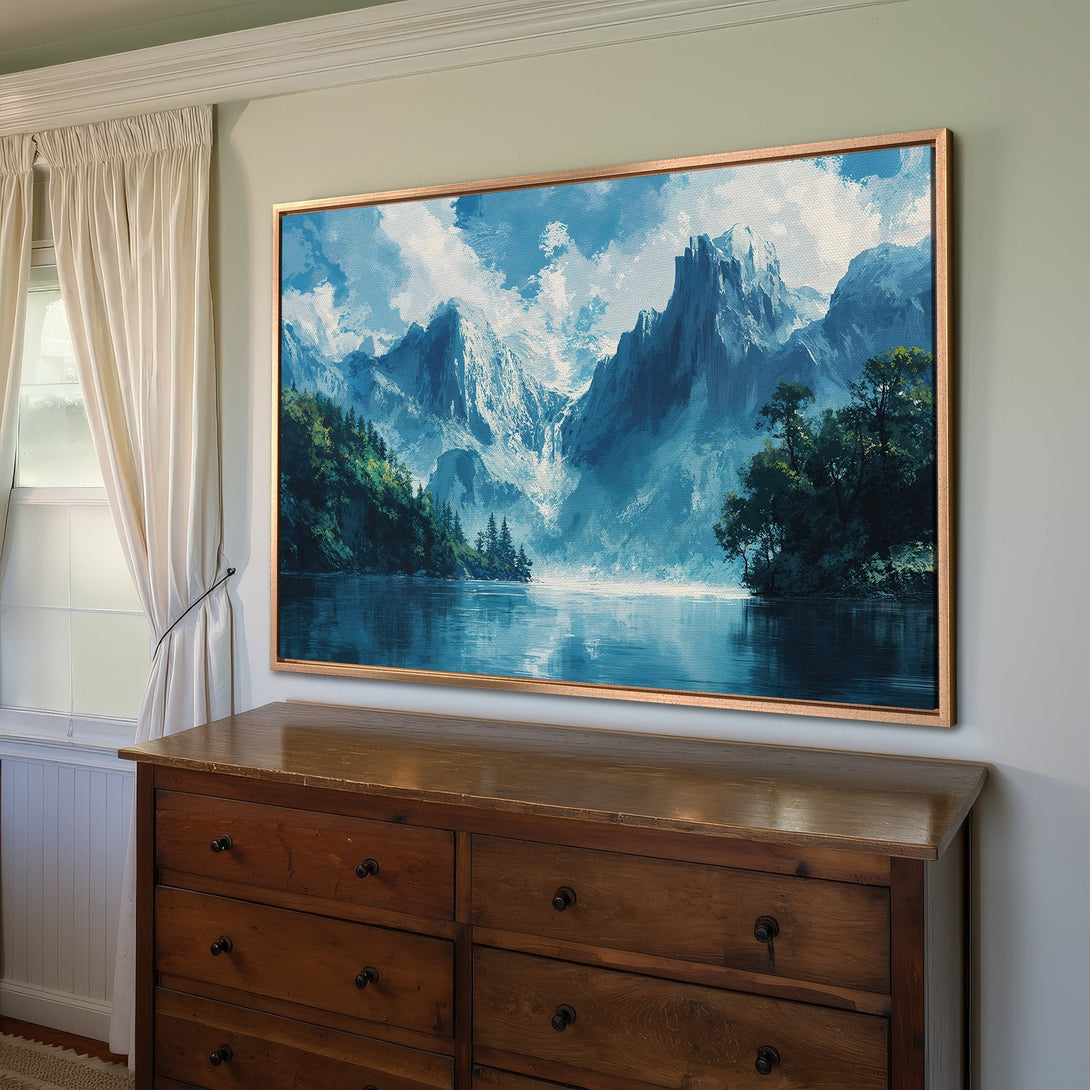 Framed Wall Art: Majestic mountain landscape Canvas Print in cool blue tones. Elevate your space with this serene, nature-inspired artwork.