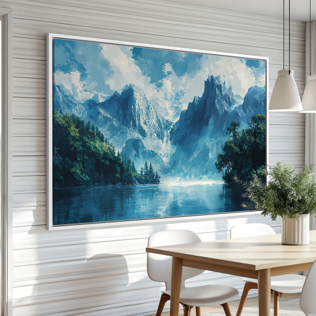 Framed Wall Art Canvas Print of a majestic mountain landscape in cool blue and green tones, perfect for adding serene style to your home decor.