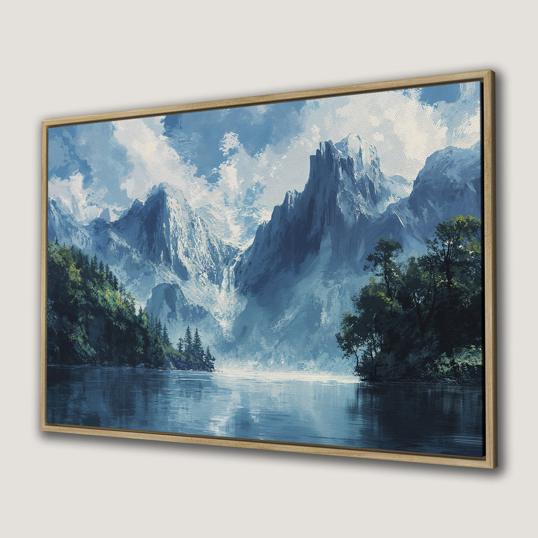 Framed Wall Art of a serene mountain landscape in cool blue tones. Enhance your space with this beautiful Canvas Print.