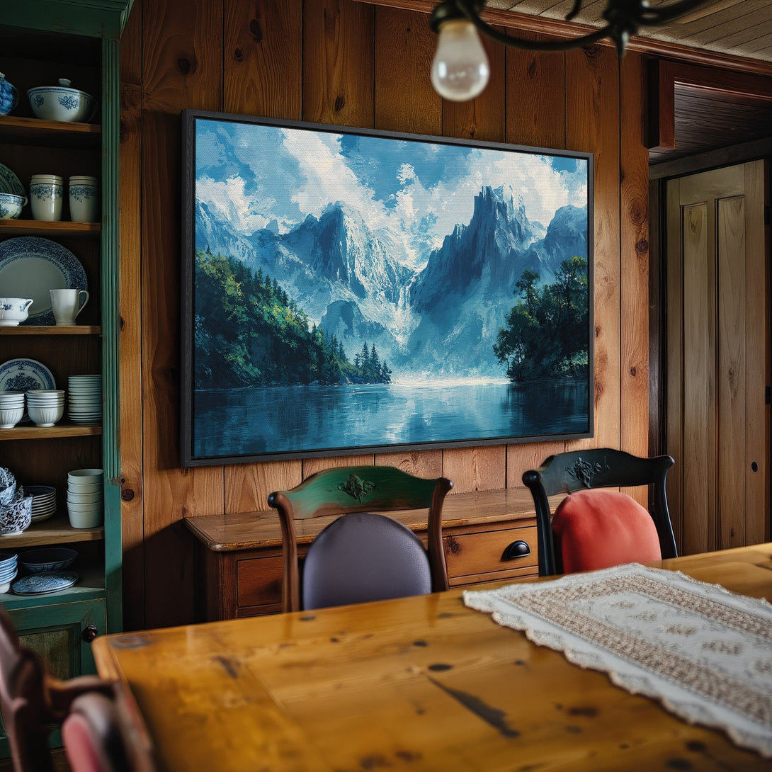 Framed Wall Art: Mountain landscape Canvas Print in blue and green hues. Rustic style art perfect for home decor.