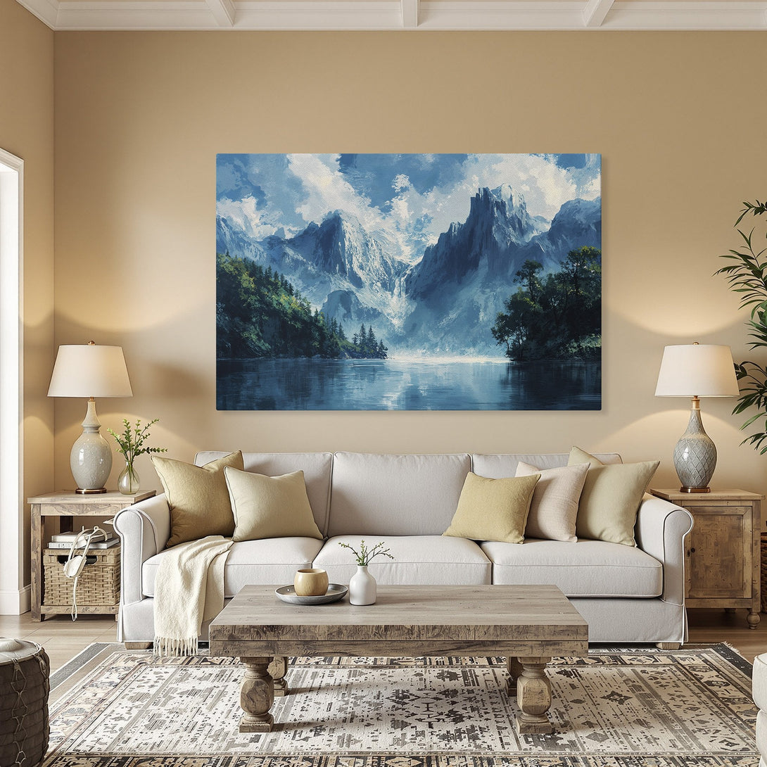Framed Wall Art: Majestic mountain landscape Canvas Print in blue and green hues, perfect for adding a touch of nature to your home decor.
