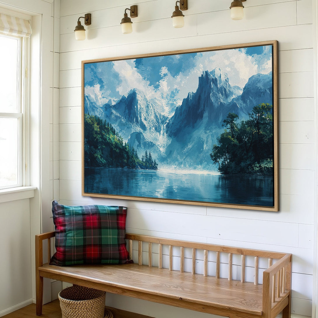 Framed Wall Art: Mountain landscape Canvas Print in blue tones. Bring nature indoors with this serene artwork. Perfect for living rooms and bedrooms.
