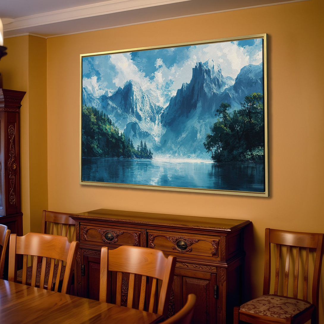 Canvas Print of a serene mountain landscape in cool blue and green tones, perfect for adding a touch of nature to your home.