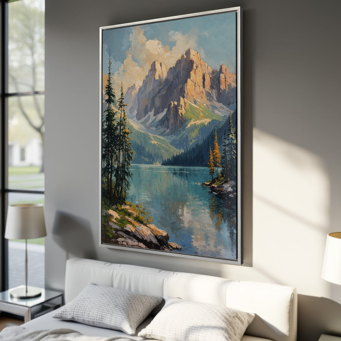 Framed Wall Art: Mountain lake landscape canvas print in a bedroom setting. Warm earth tones and cool blues create a serene, natural aesthetic. Perfect for home decor.