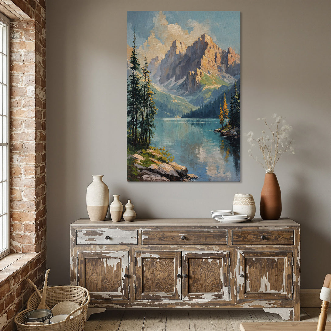 Framed Wall Art: Stunning mountain landscape canvas print in a dining room. Featuring a serene lake and vibrant blue, green, and gold tones. Elevate your space with art!