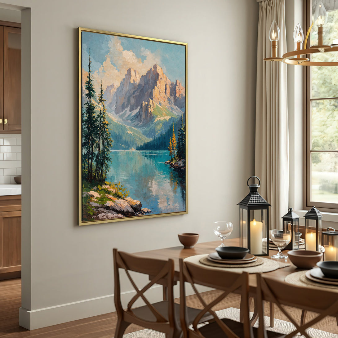 Canvas Print of a mountain lake landscape, featuring a serene, impressionistic style with a blue, green, and gold color palette. Perfect for home decor.