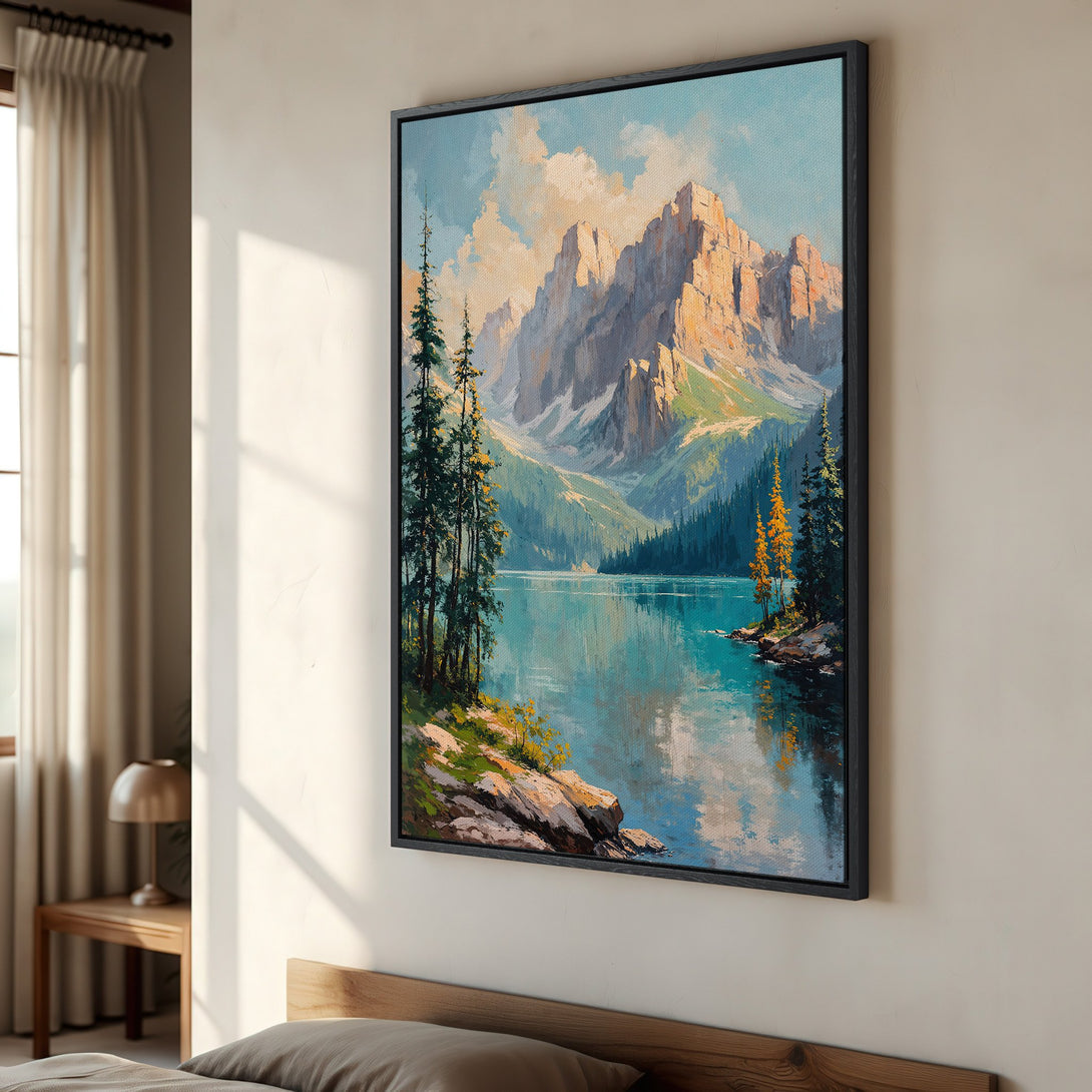 Framed Wall Art: Mountain landscape canvas print in cool blue and green tones. Perfect for adding a touch of nature-inspired art to your home decor.