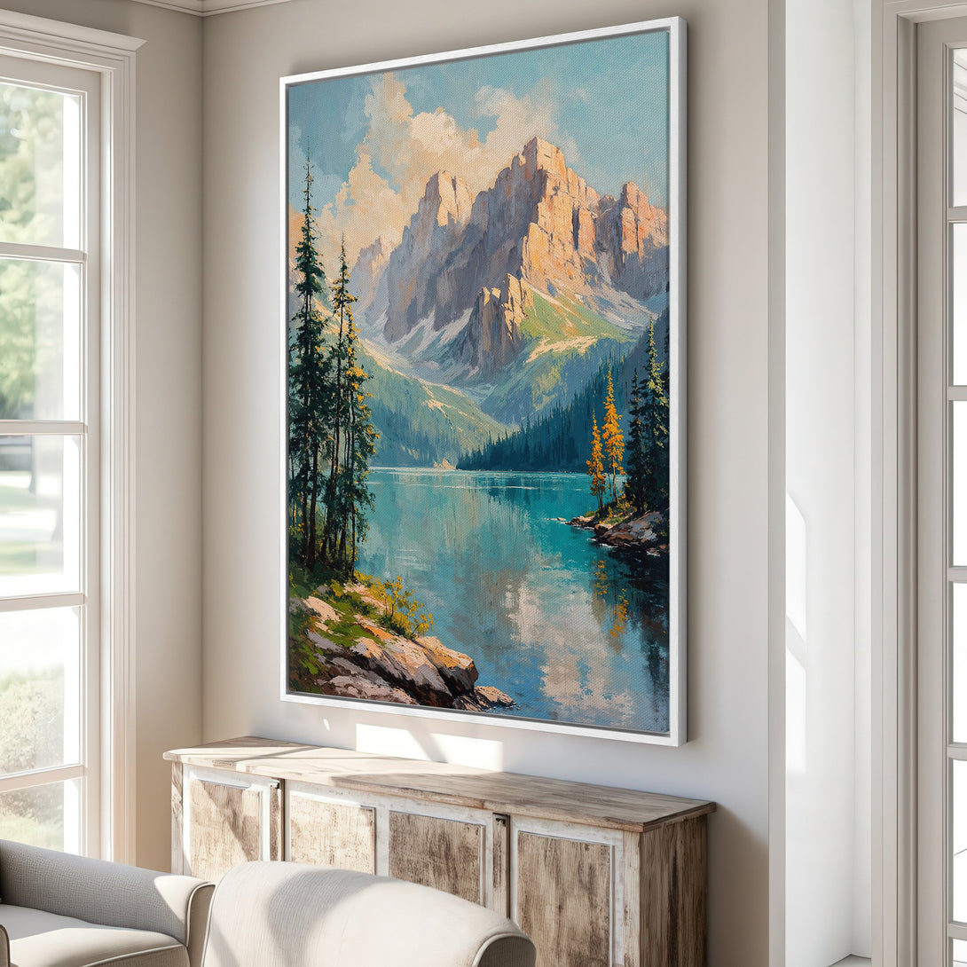 Framed Wall Art: Mountain landscape Canvas Print in warm tones. Stunning artwork with blue, green, and gold hues. Perfect for adding a touch of nature to your home decor.