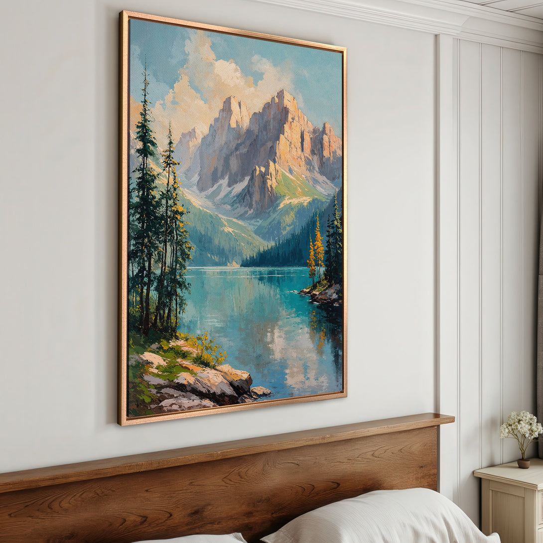Framed Wall Art featuring a serene mountain lake landscape in a painterly style with a blue, green, and gold color palette. Perfect for adding tranquility to any room.