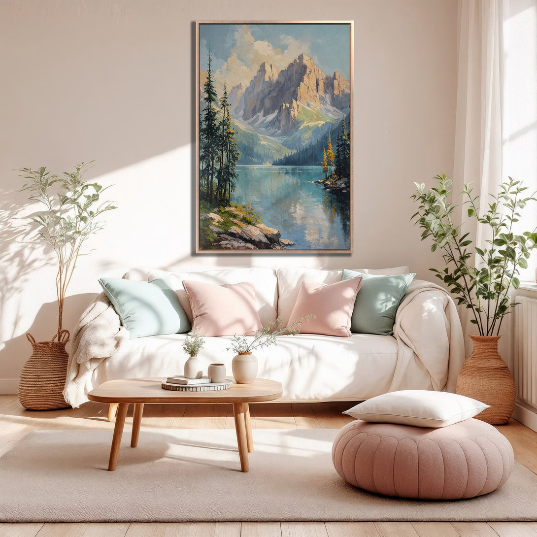 Framed Wall Art: Mountain landscape canvas print in a serene interior. Featuring a calming blue, green, and beige color palette, perfect for adding a touch of nature.