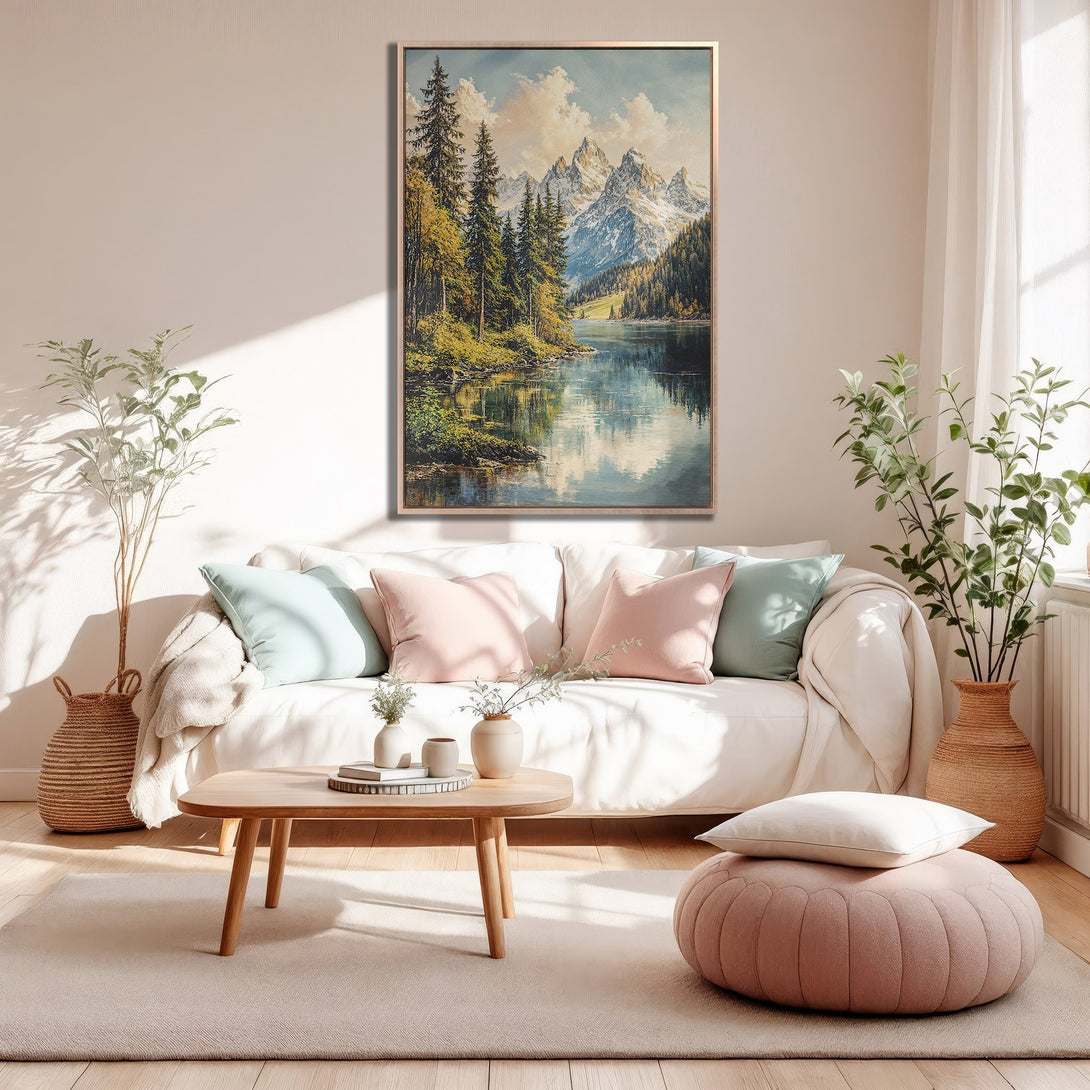 Framed Wall Art: Mountain landscape painting in a warm, neutral living room. Features a serene lake scene with a soft, pastel color palette.
