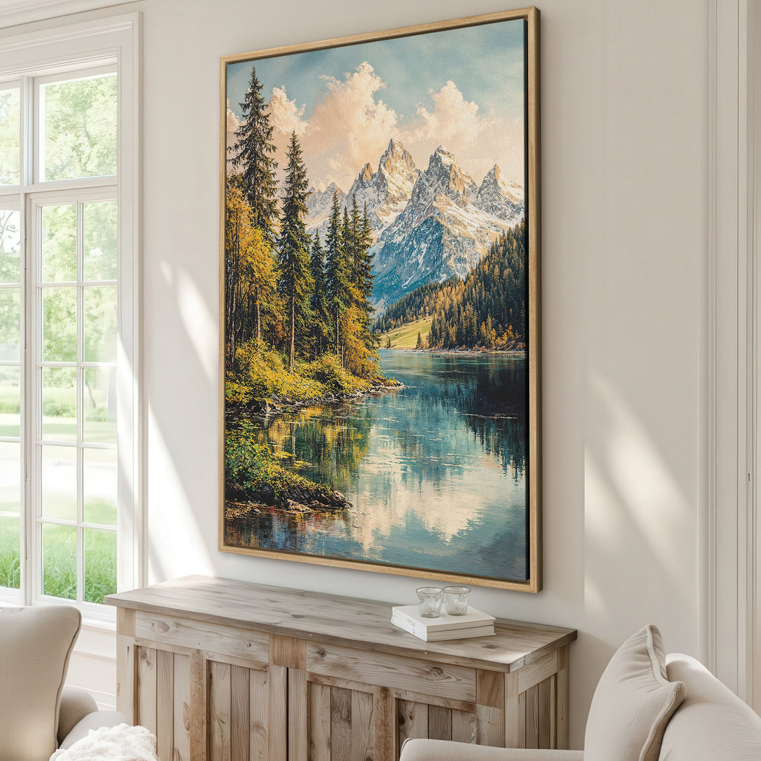 Framed Wall Art: Serene mountain lake landscape painting in a warm color palette. Bring nature's beauty indoors with this stunning Canvas Print.
