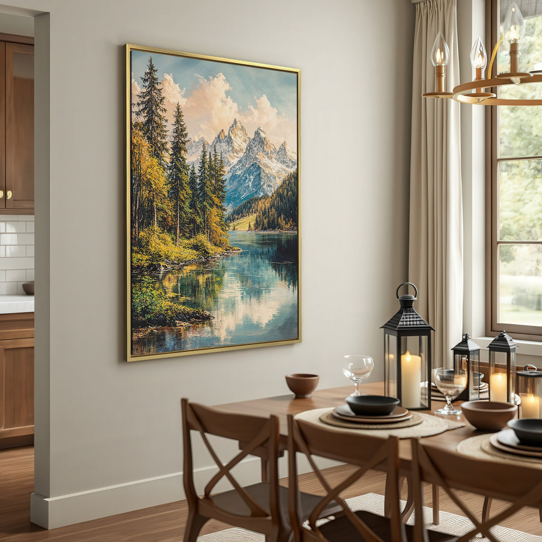 Canvas Print of a mountain lake landscape painting in warm, earthy tones, perfect for rustic interior decor.