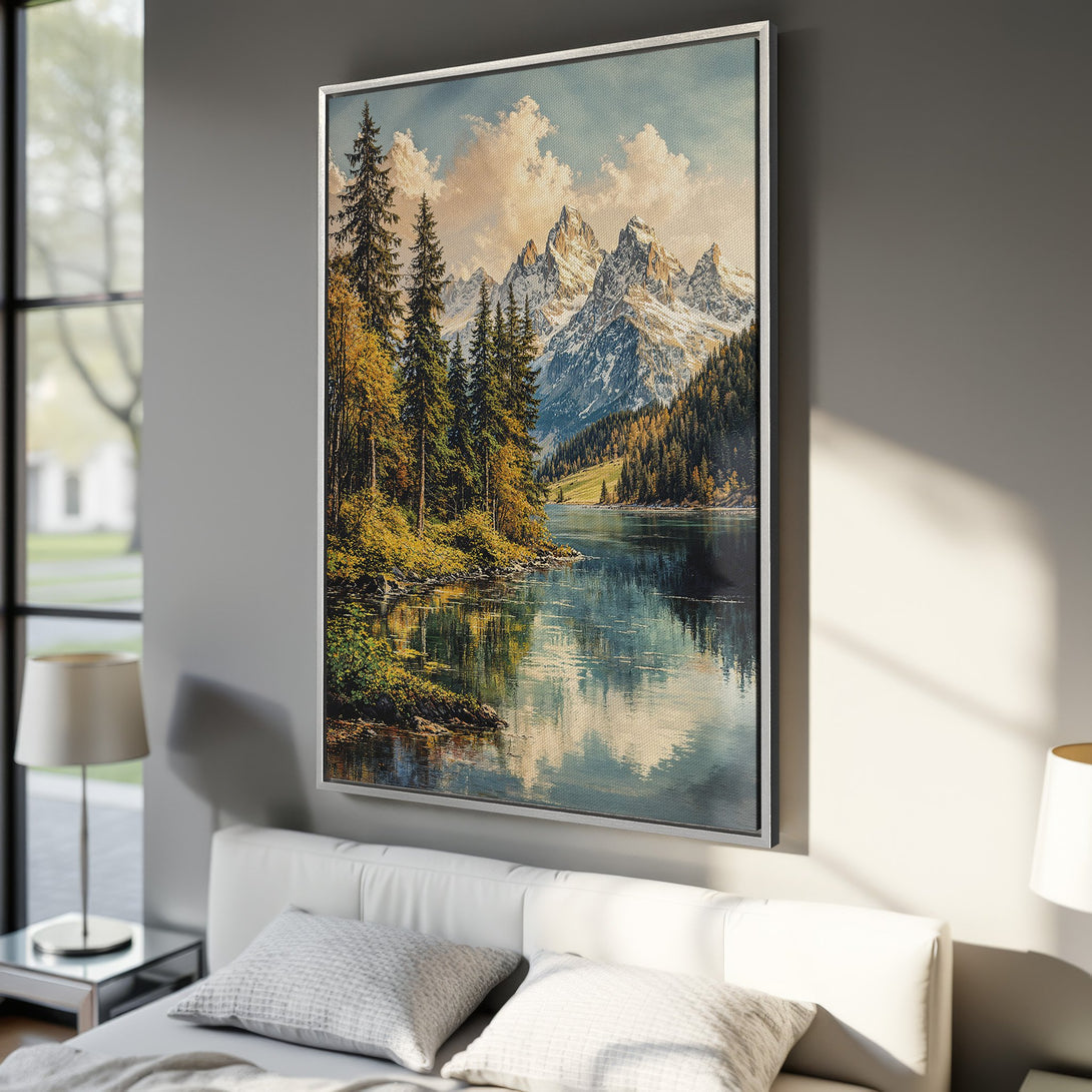 Framed Wall Art: Serene mountain lake landscape canvas print in a bedroom. Features a cool, natural color palette with blues, greens, and golds. Perfect for home decor.