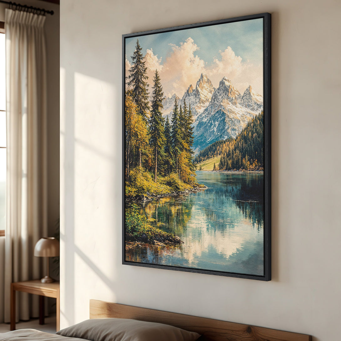 Framed Wall Art of a serene mountain lake landscape. Featuring a painterly style with a palette of blues, greens, and golds. Perfect for home decor.