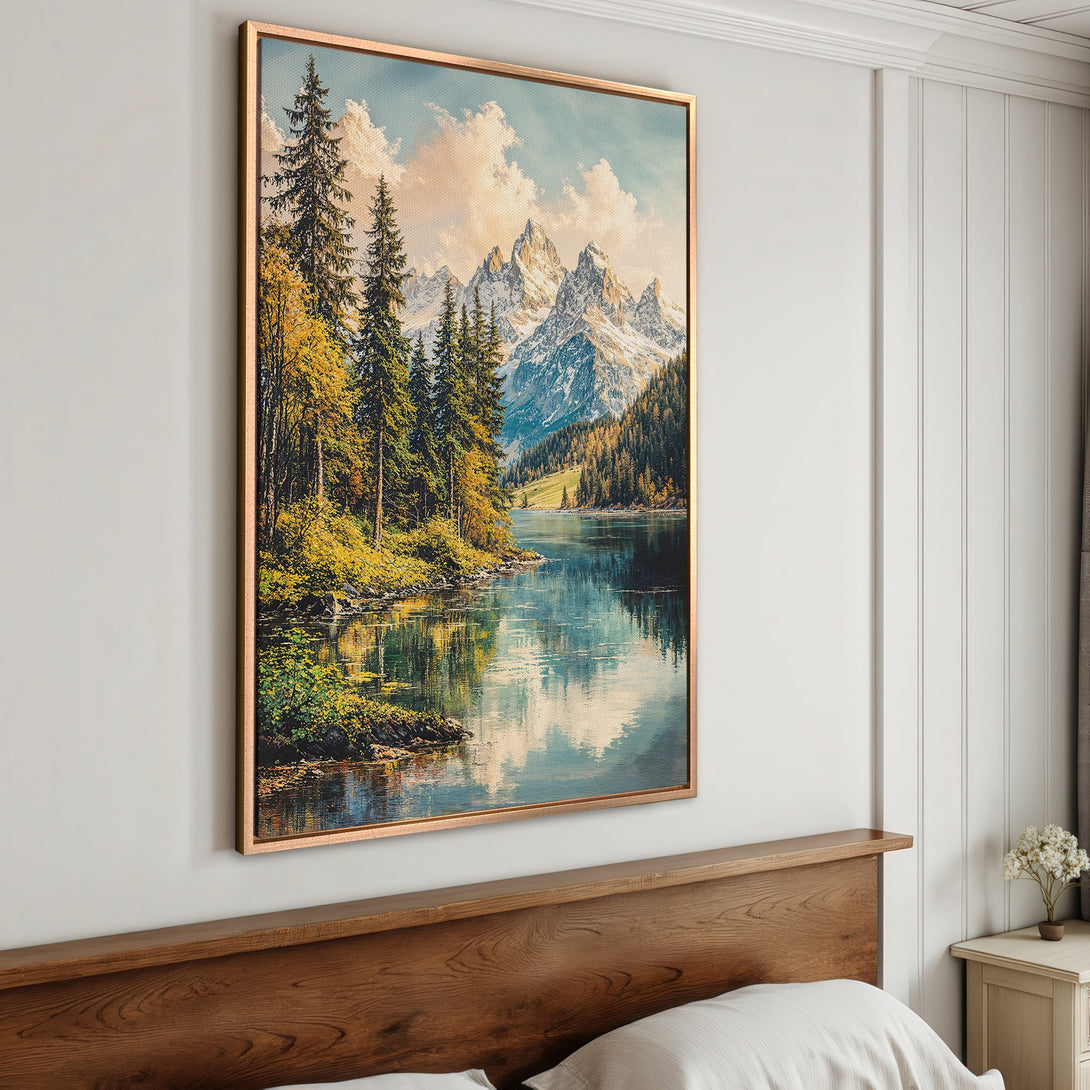 Framed Wall Art: Majestic mountain lake landscape canvas print in warm, natural tones. Perfect for adding a touch of nature & serenity to your home decor.