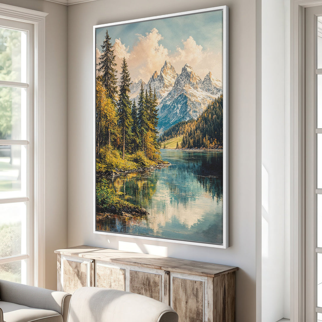 Framed Wall Art: Majestic mountain landscape Canvas Print in a serene interior. Featuring a stunning blue, green, and gold color palette. Elevate your space with nature's beauty.