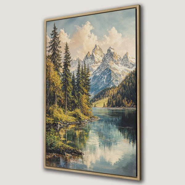 Framed Wall Art Canvas Print of a serene mountain lake scene. Classic landscape painting style with blue, green, and gold color palette. Perfect for home decor.