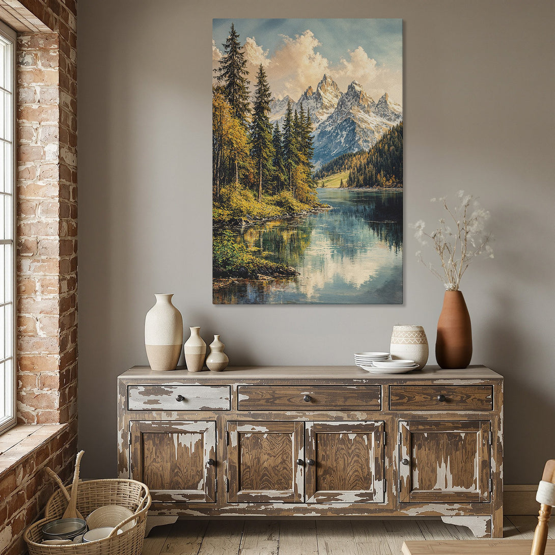 Framed Wall Art: Mountain landscape Canvas Print in warm tones, perfect for adding a touch of nature and elegance to your dining room decor.