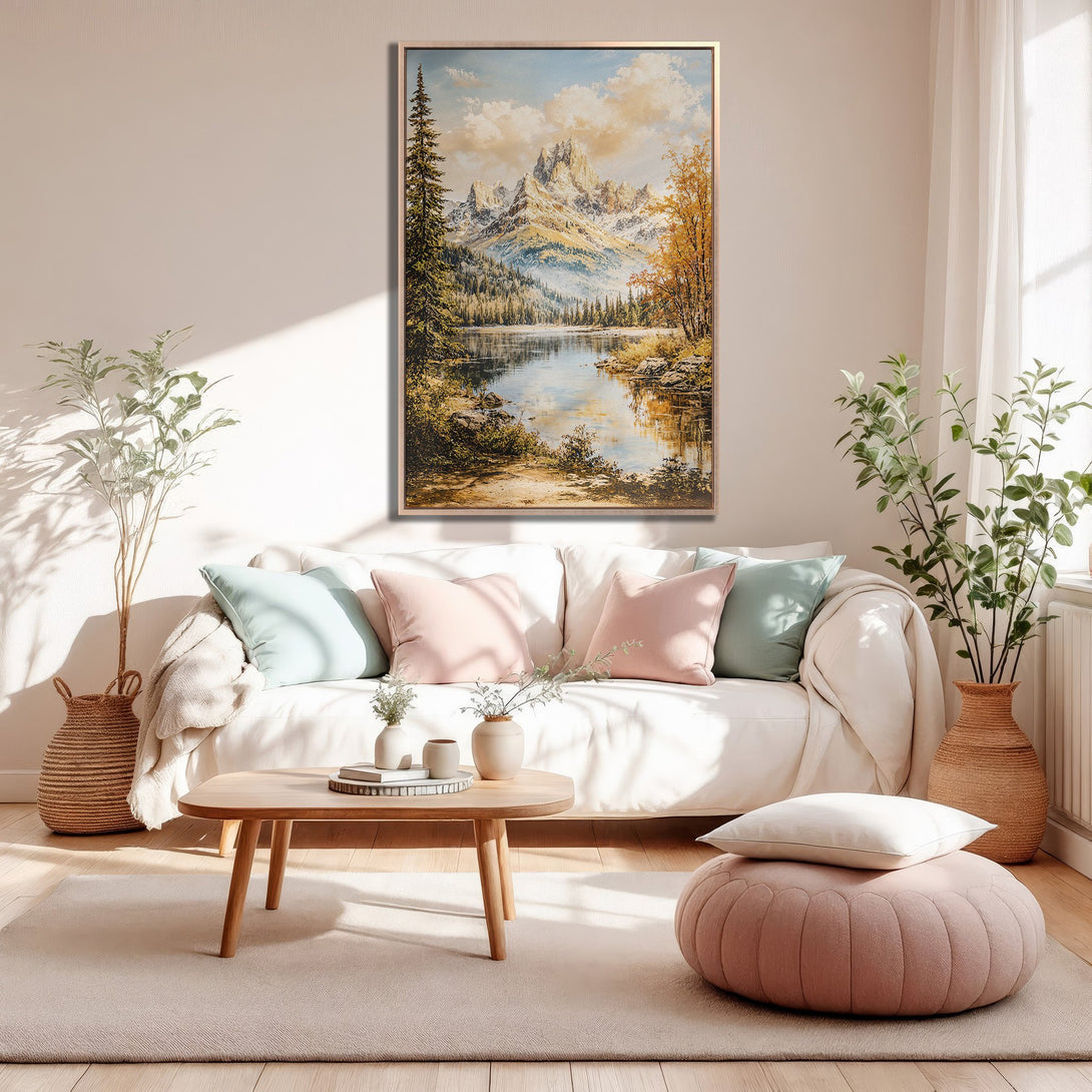 Framed Wall Art: Mountain landscape Canvas Print in warm tones. Adds a touch of nature & tranquility to any room. Perfect for living rooms & bedrooms.