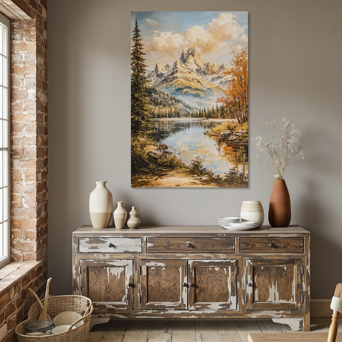 Framed Wall Art: Mountain lake landscape Canvas Print in warm tones. Perfect for adding a touch of nature & serenity to your home decor.