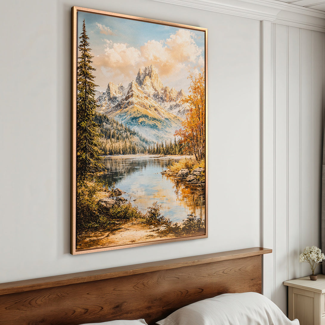 Framed Wall Art: Majestic mountain landscape Canvas Print with warm, earthy tones. Perfect for adding a touch of nature-inspired art to your home decor.