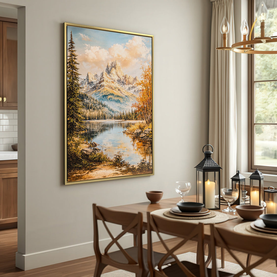 Canvas Print of a mountain lake landscape in warm, earthy tones. Rustic style wall art adds a touch of nature to any space.