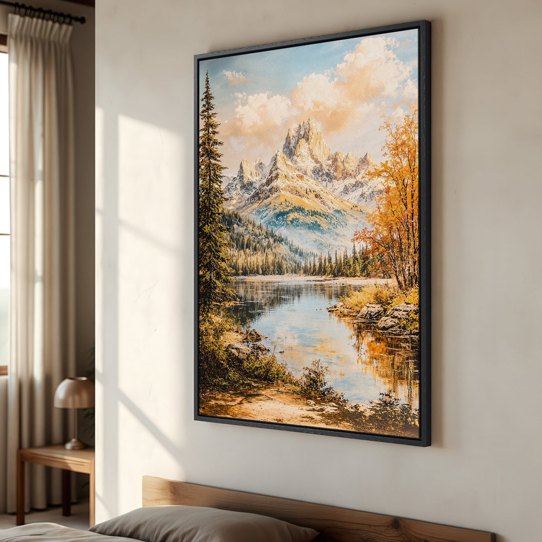 Framed Wall Art: Mountain landscape canvas print with warm autumn colors. Perfect for adding a touch of nature and tranquility to your home decor.
