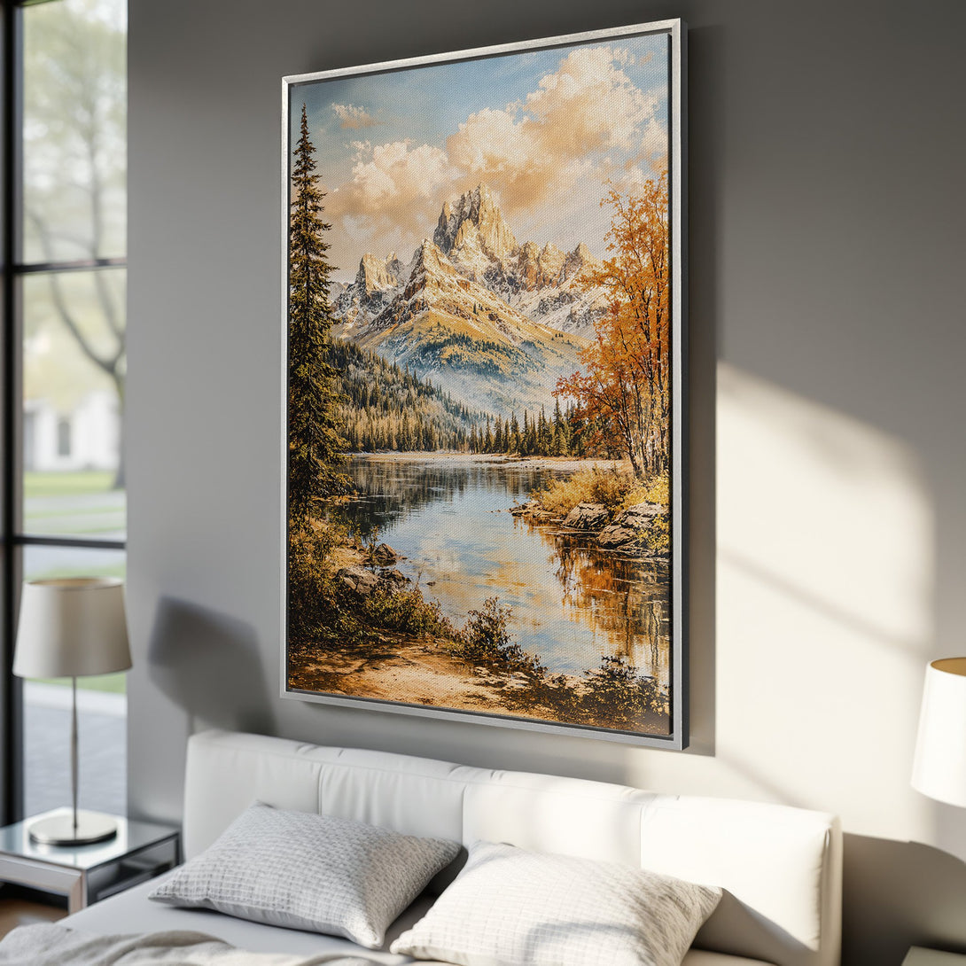 Framed Wall Art of a mountain lake scene in warm autumn tones. Bring nature's beauty indoors with this stunning landscape canvas print. Perfect for any room!