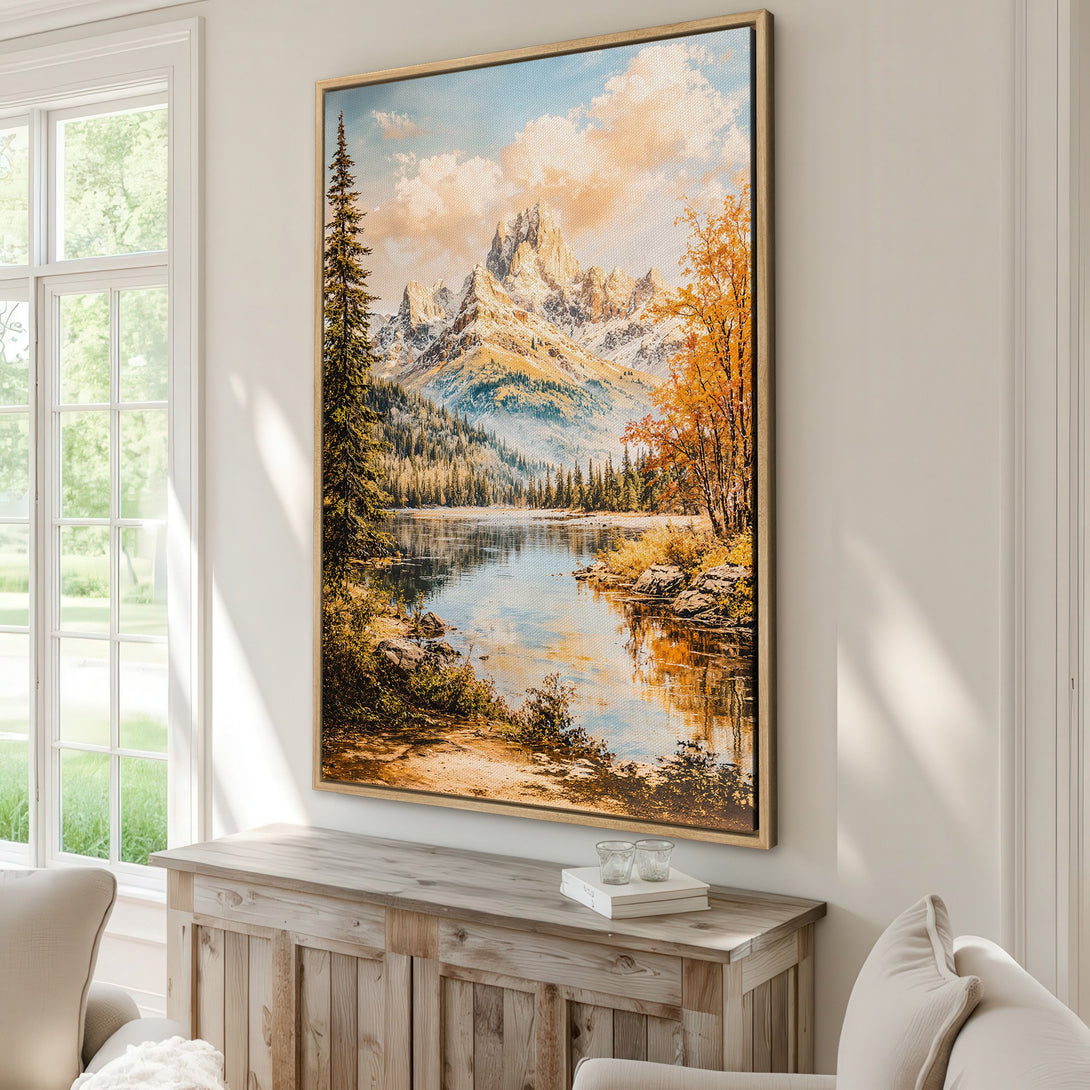 Framed Wall Art: Majestic mountain landscape Canvas Print in warm autumn tones. Bring nature's beauty indoors with this stunning, serene artwork.