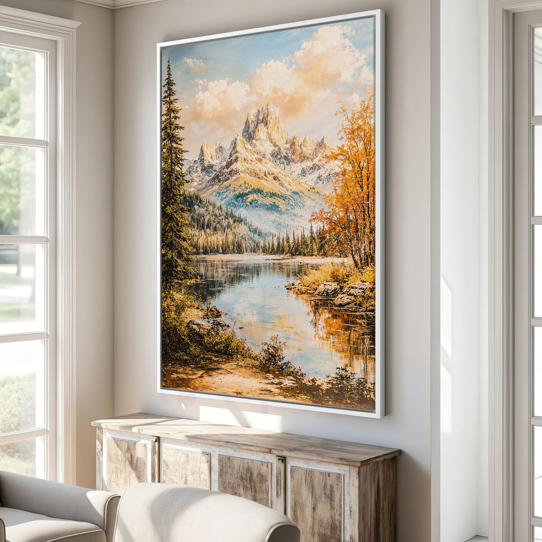 Framed Wall Art featuring a stunning mountain lake landscape in warm autumn colors. Perfect for adding natural beauty to your home decor.