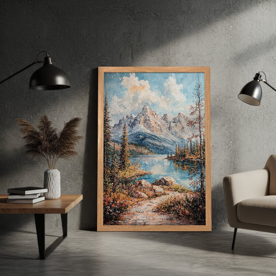 Framed Poster of a serene mountain lake scene. Oil painting style with blue, white, and earthy tones. Perfect wall art for any home.