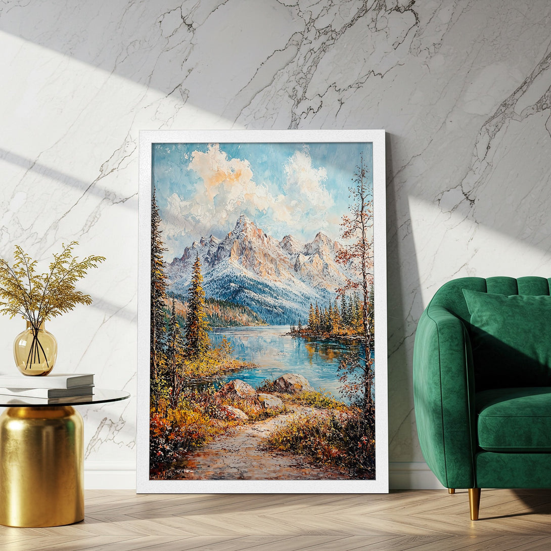 Framed Poster of a mountain lake landscape in a painterly style with blue, white, and gold color palette. Perfect wall art!