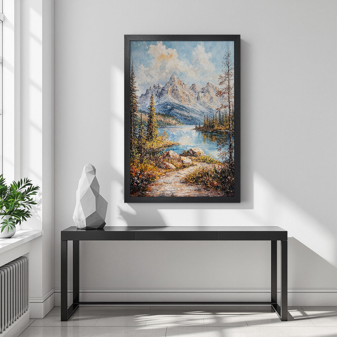 Framed Poster of a mountain landscape painting. Featuring a serene lake, trees, and a blue/green/yellow color palette. Perfect wall art!