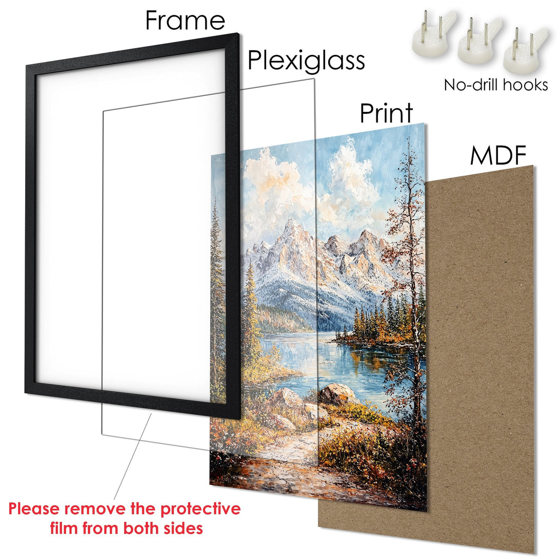 Framed Poster featuring a mountain landscape painting in a vibrant, impressionistic style with a cool blue and warm earth-tone palette. Ready to hang!