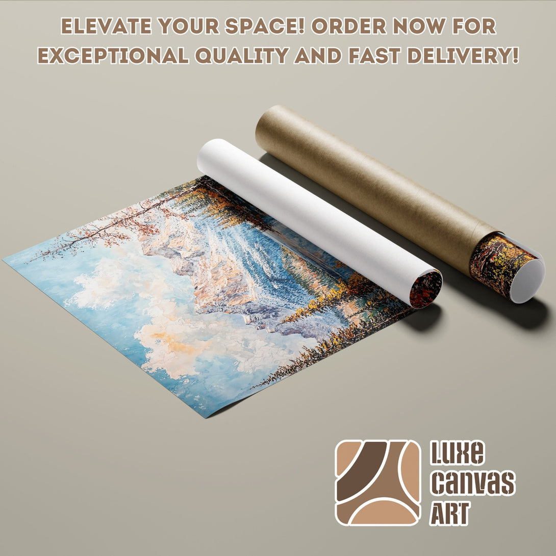 Poster Roll featuring a landscape painting with blue, brown, and yellow hues. Elevate your space with this stunning art piece! Order now!