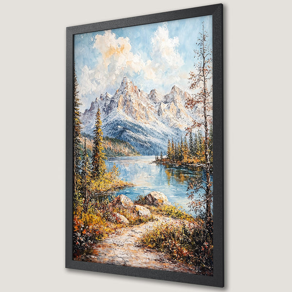 Framed Poster of a mountain lake landscape in impressionist style with cool blues, greens, and warm yellows. Bring nature's beauty home!