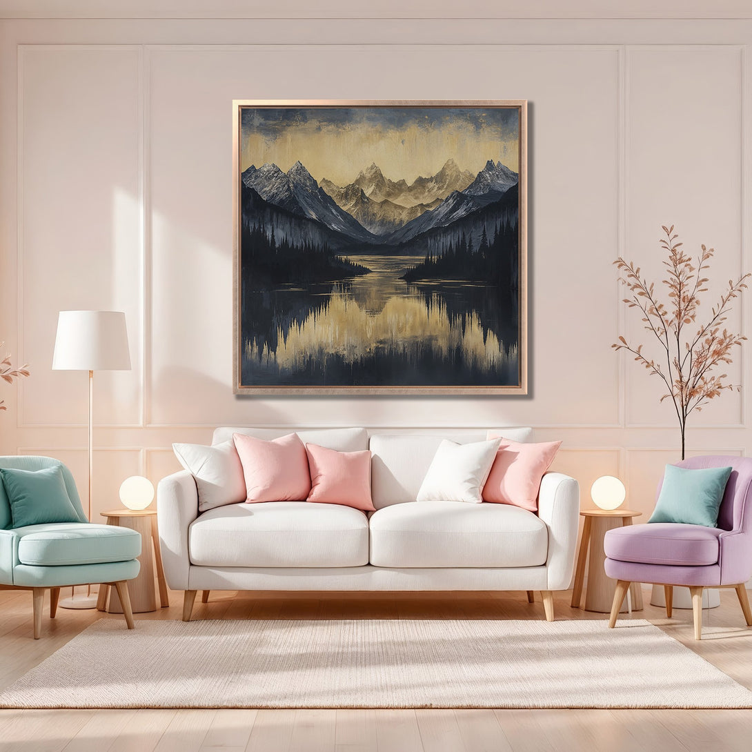 Framed Wall Art featuring a mountain landscape in a modern interior. Earthy tones with a touch of gold create a serene and stylish ambiance. Elevate your space!