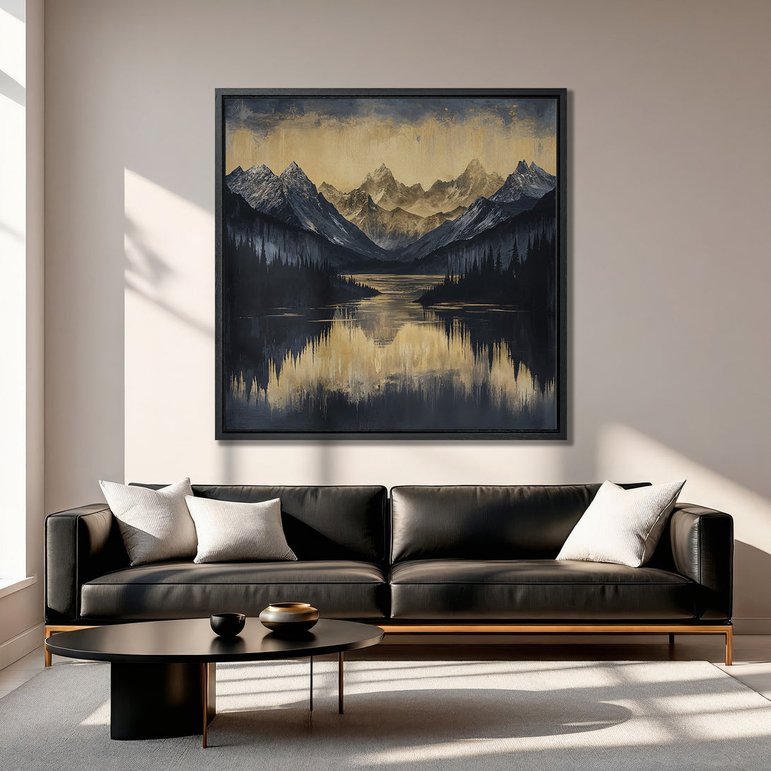 Framed Wall Art: Mountain landscape Canvas Print in a modern interior. Featuring a dark blue, gold, and neutral color palette. Perfect for living room decor.