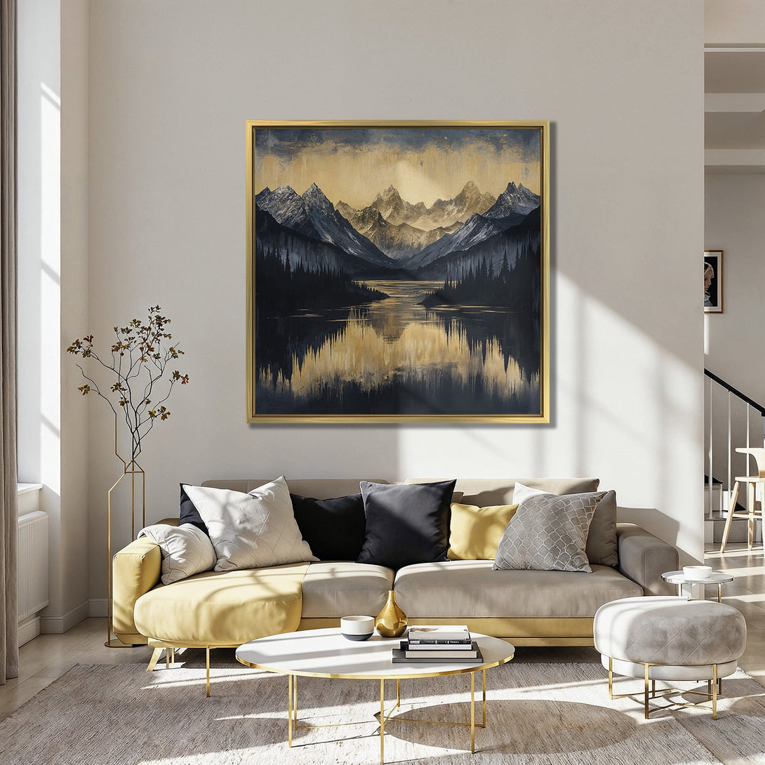 Canvas Print of a mountain landscape in a warm, neutral color palette. Perfect wall art for a cozy living room.