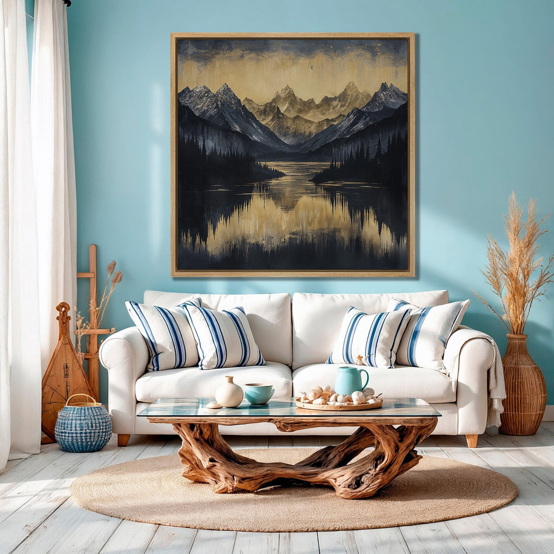 Framed Wall Art: Mountain landscape canvas print in a neutral color palette. Perfect for adding a touch of nature-inspired art to your home decor.