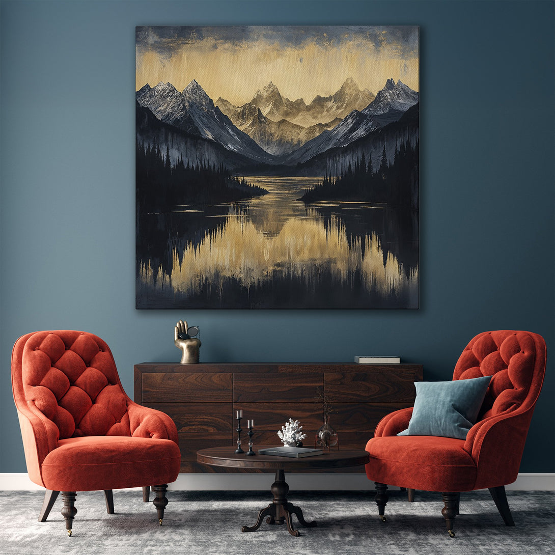 Framed Wall Art of a mountain landscape in a modern interior. Features a moody, dark blue and gold color palette, perfect for adding a touch of elegance.